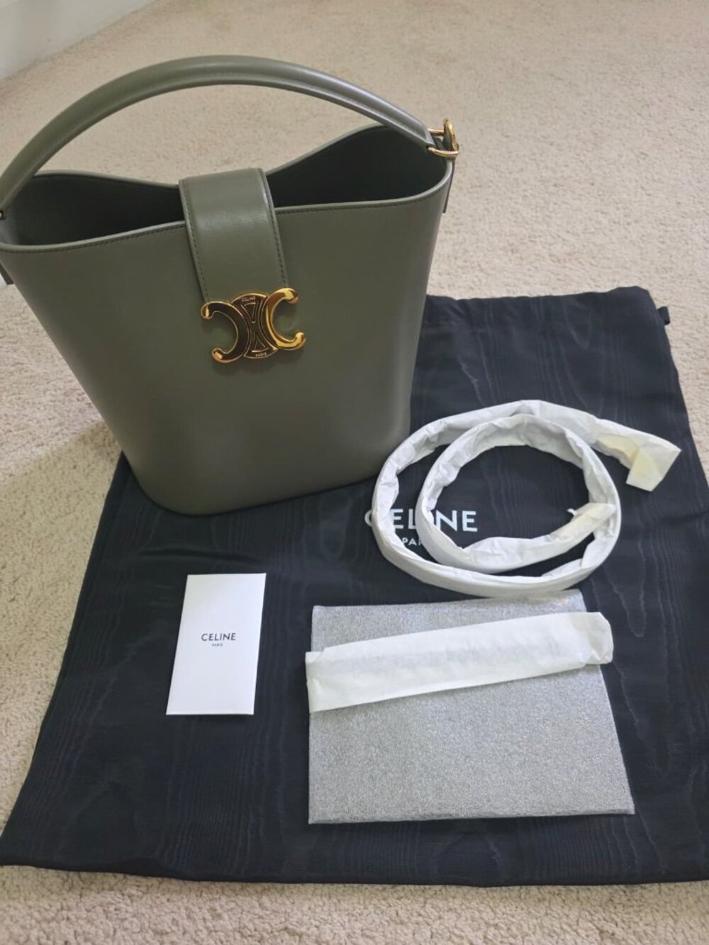 Authentic CELINE Medium Bucket Louise in Smooth Calfskin - Green